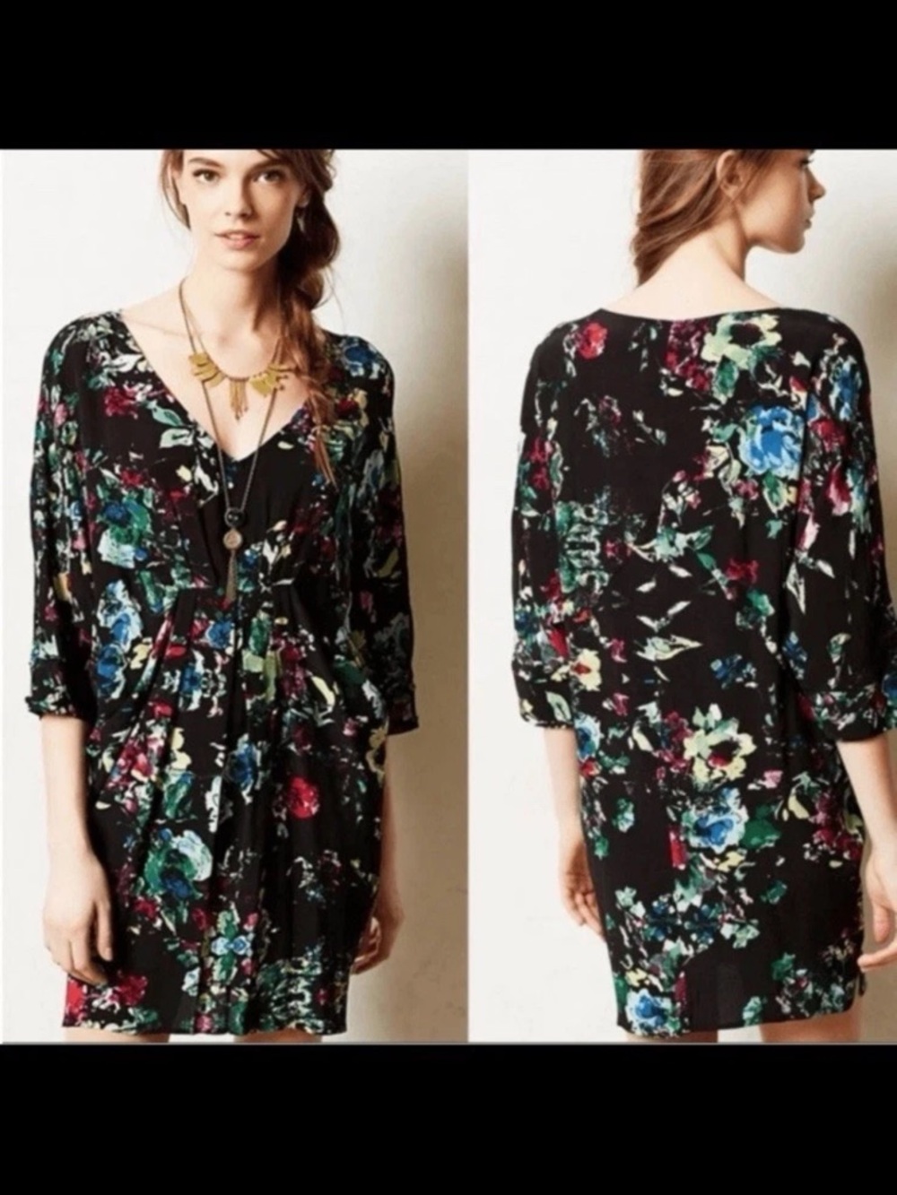 Maeve Anthropology Black Floral Gathered Waist Bat Wing Mini Dress Size S Boho